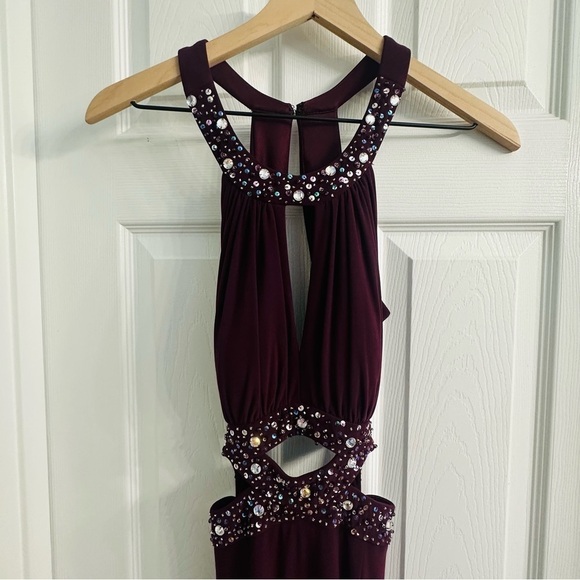 Y2K Formal Dress Long Halter Cut Out Maroon Gemstone Extra Small - Picture 5 of 10